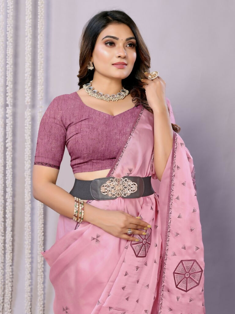 Pink Zari Organza Stone Work All Over Saree - Norita Saumya