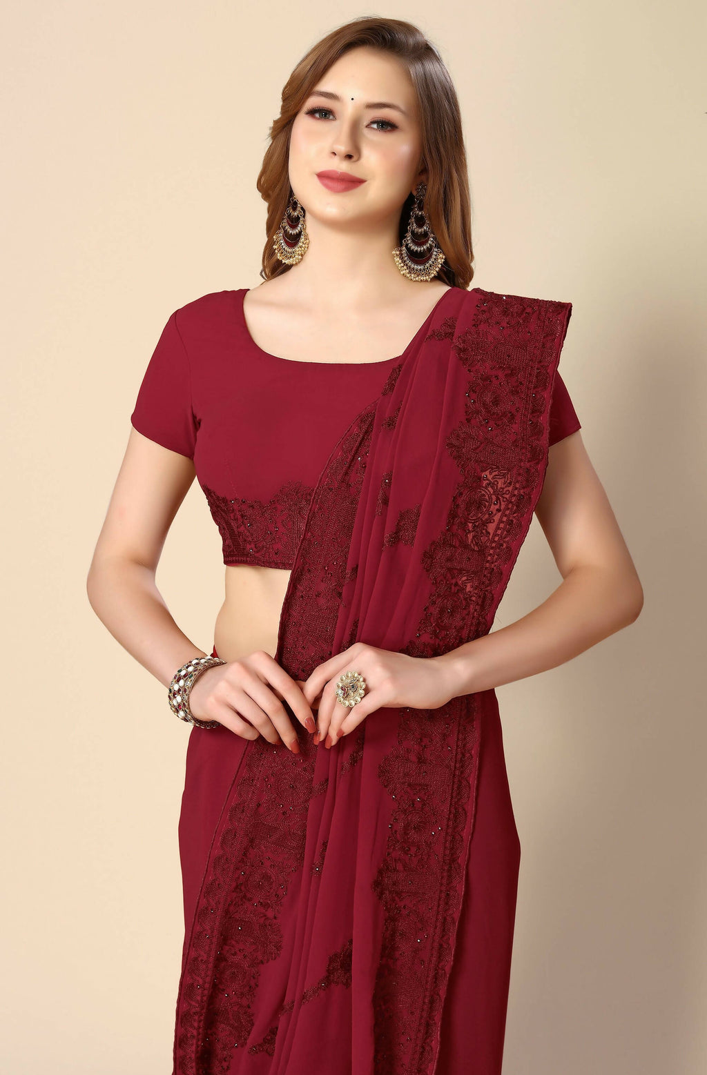 Maroon Georgette Embroidered and Stone Work Saree with Unstitched Blouse Piece - Roozal