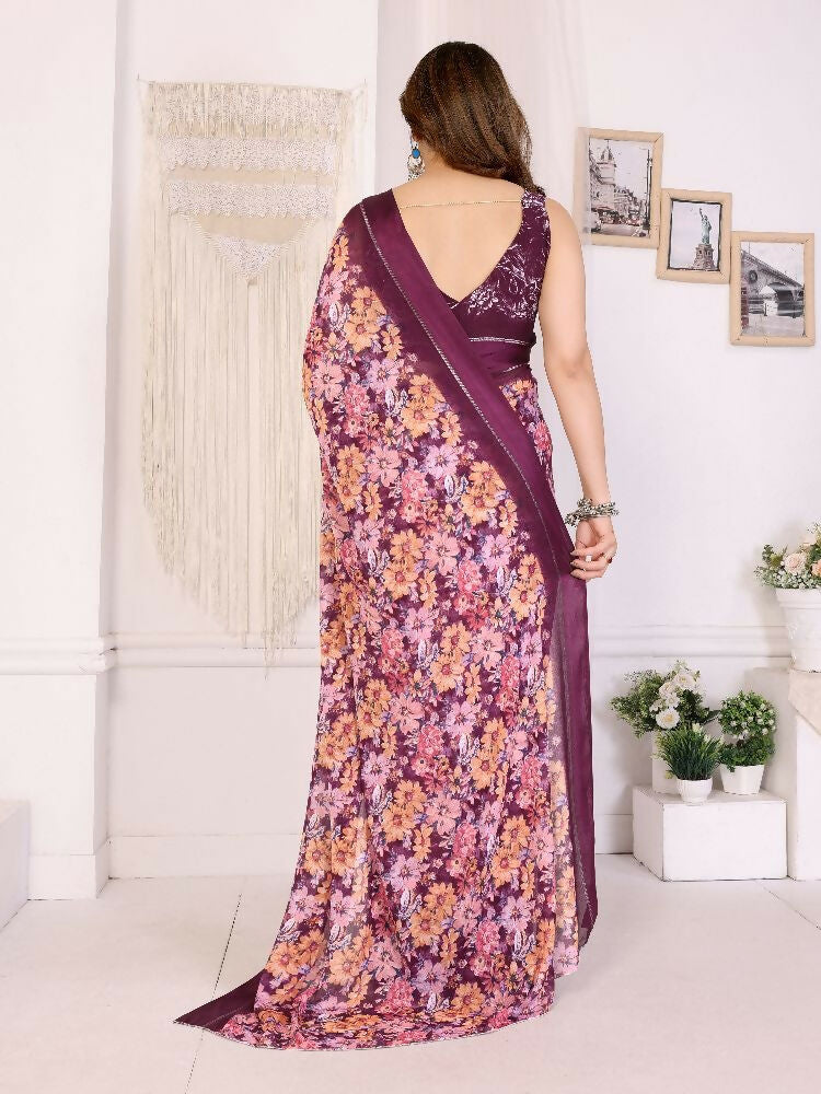 PR Fashion Purple Bright Moss Satin Patta Printed Saree