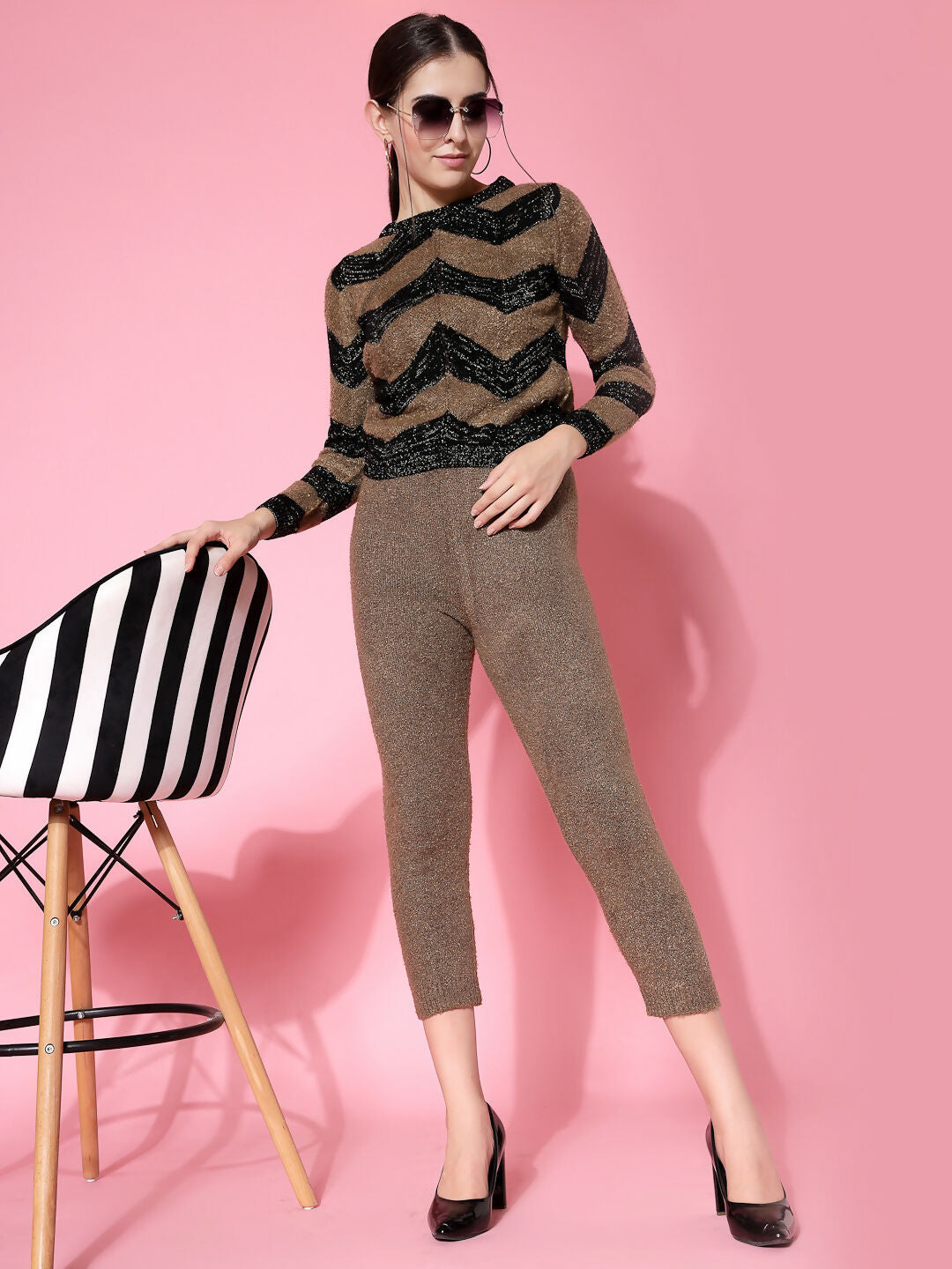 Women Black Acrylic Stripe & Solid Winter Co-Ord Set - Wool Trees
