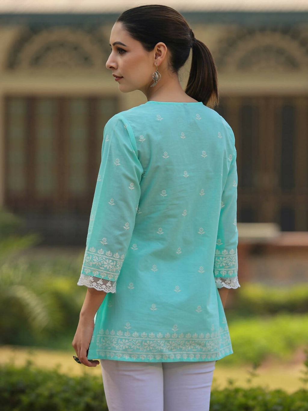 Juniper Women's Aqua Cambric Floral Printed Tunic