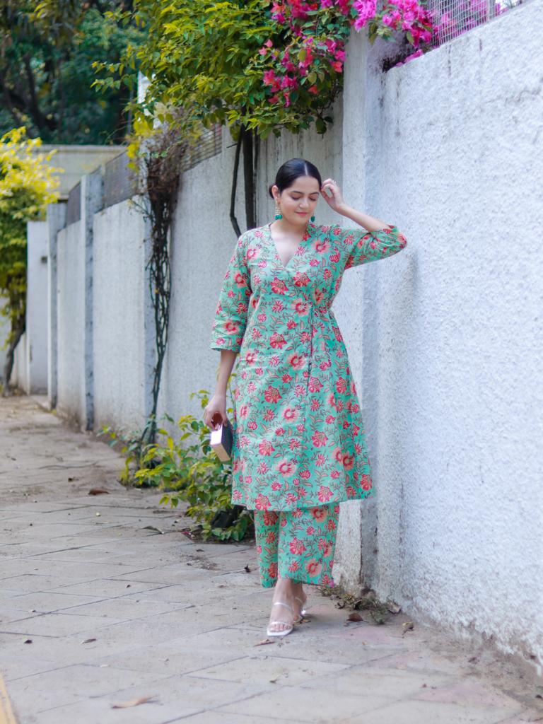 trueBrowns Seafoam Green Overall Floral Block Print Cotton Angrakha Pant Set