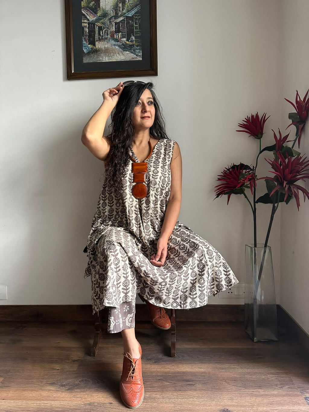 trueBrowns Clay Dabu Buta Print Cotton Sleeveless Flared Kurta Pant Set