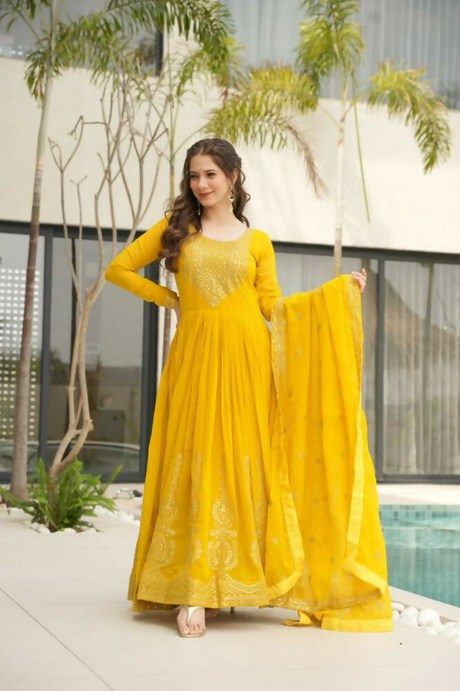 Vastranavya Yellow Faux Blooming with Embroidery Zari Sequins Work Gown