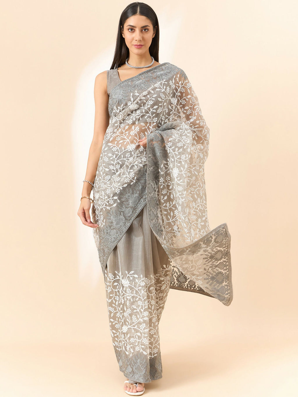 Grey Organza Floral Embroidered Saree with Unstitched Blouse Piece - Roozal