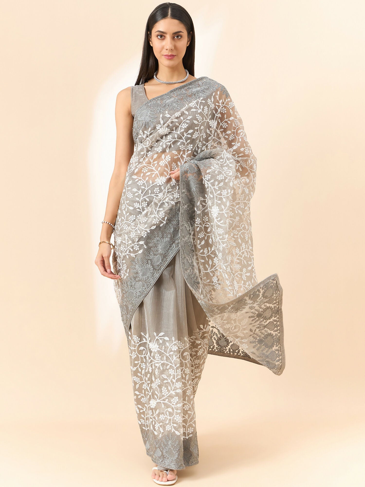 Grey Organza Floral Embroidered Saree with Unstitched Blouse Piece - Roozal