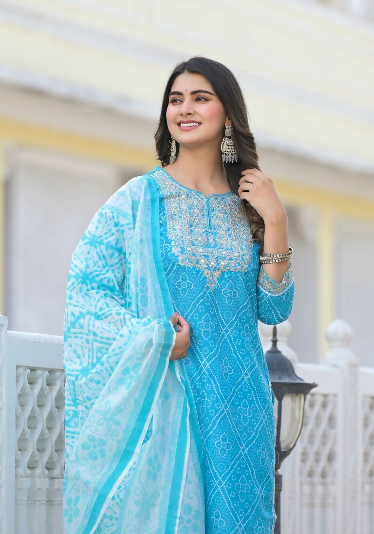 Partywear Designer sky blue cotton Stitched Suit With Dupatta - Tanisha