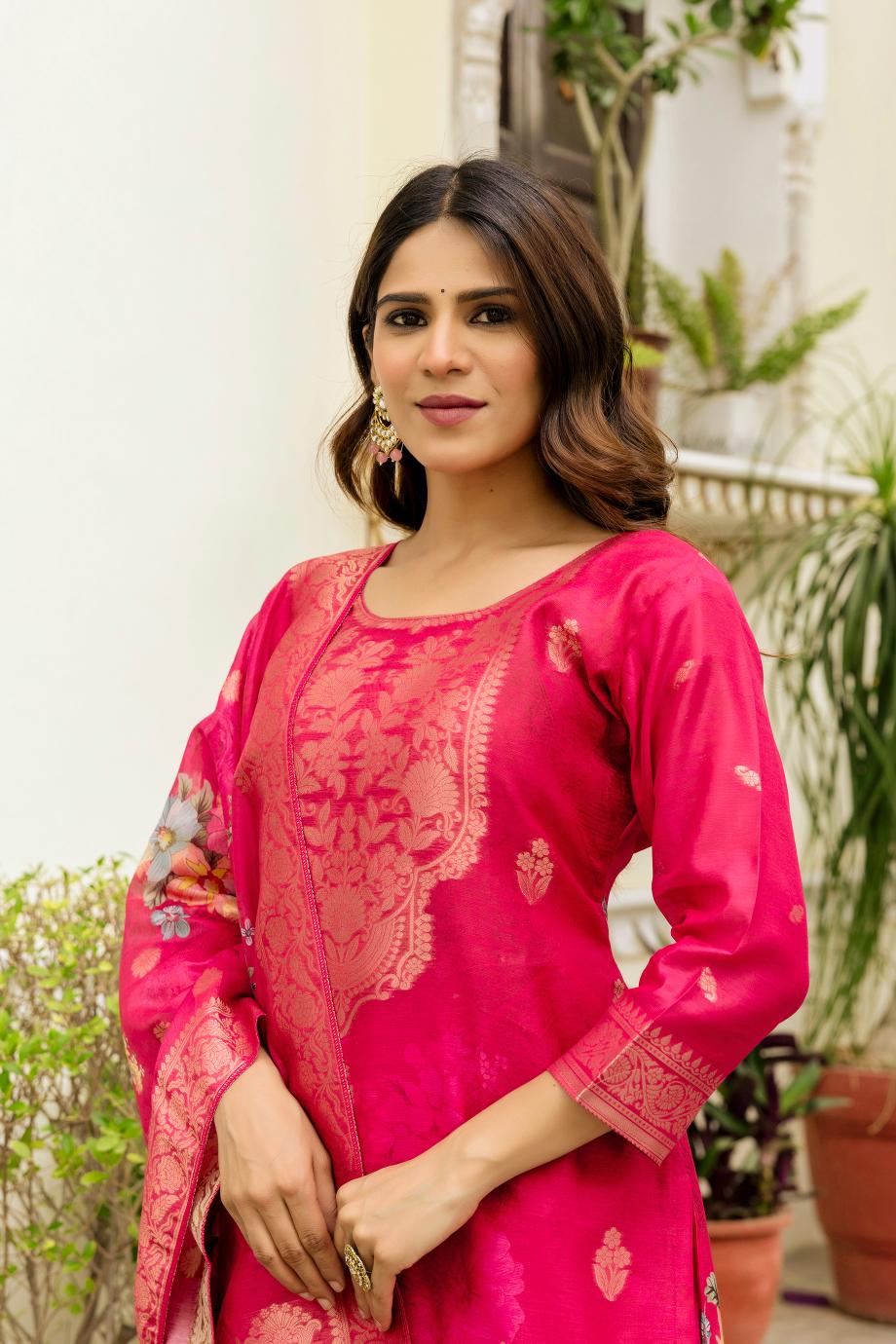 The52 Women Gorgeous Chanderi Cotton Fabric Straight Kurta, Pant and Dupatta Set