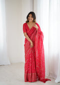Lorenvalley Fashion Pink Solo Georgette Superb Finishing Foils Print & Fancy Zalar Lace in Border Saree with Blouse