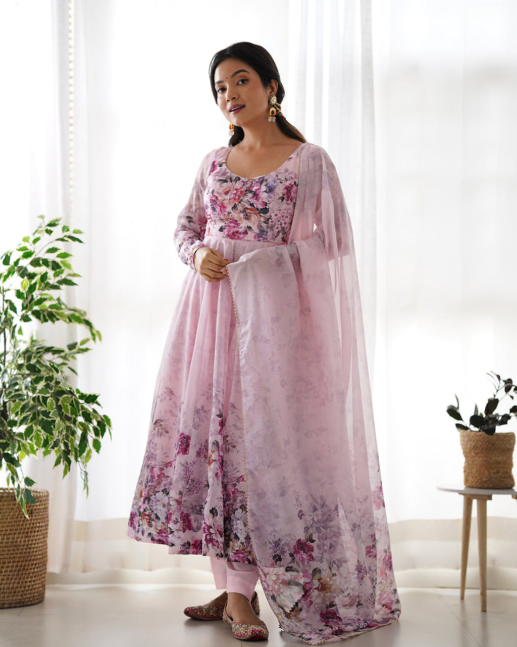 Lorenvalley Fashion Women Pure Soft Organza Silk Floral Print Fully Flair Anarkali With Pent Dupatta Set - Pink