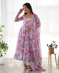 Lorenvalley Fashion Women Pure Soft Organza Silk Print Fully Flair Anarkali With Pent Dupatta Set - Pink