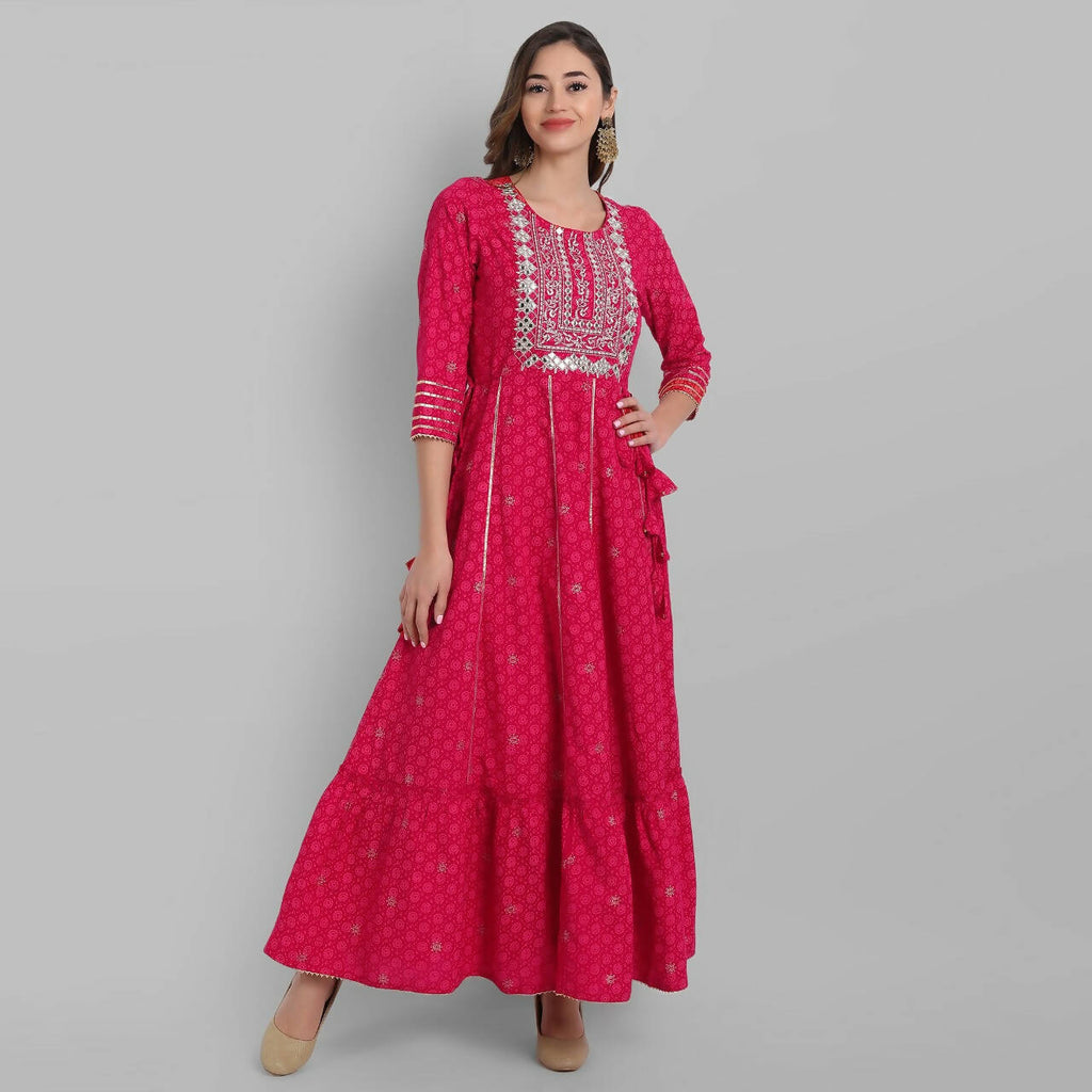 Juniper Fuchsia Rayon Festive Wear Embroidered Tiered Long Dress