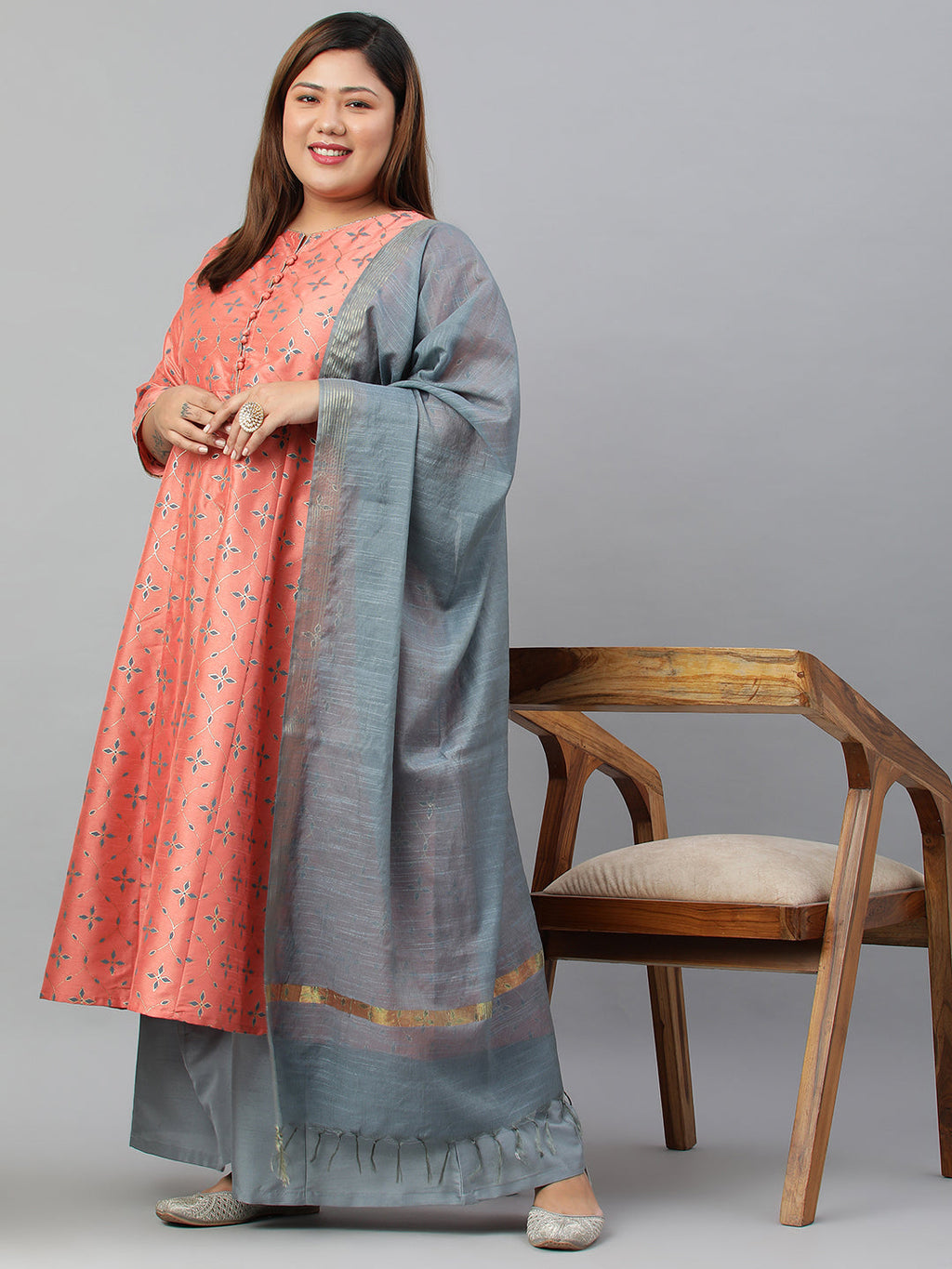 Janasya XL LOVE by Janasya Women's Plus Size Peach Poly Silk Kurta With Palazzo and Dupatta