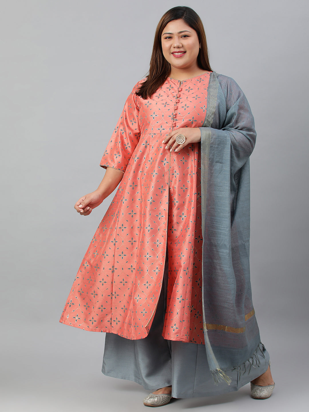 Janasya XL LOVE by Janasya Women's Plus Size Peach Poly Silk Kurta With Palazzo and Dupatta
