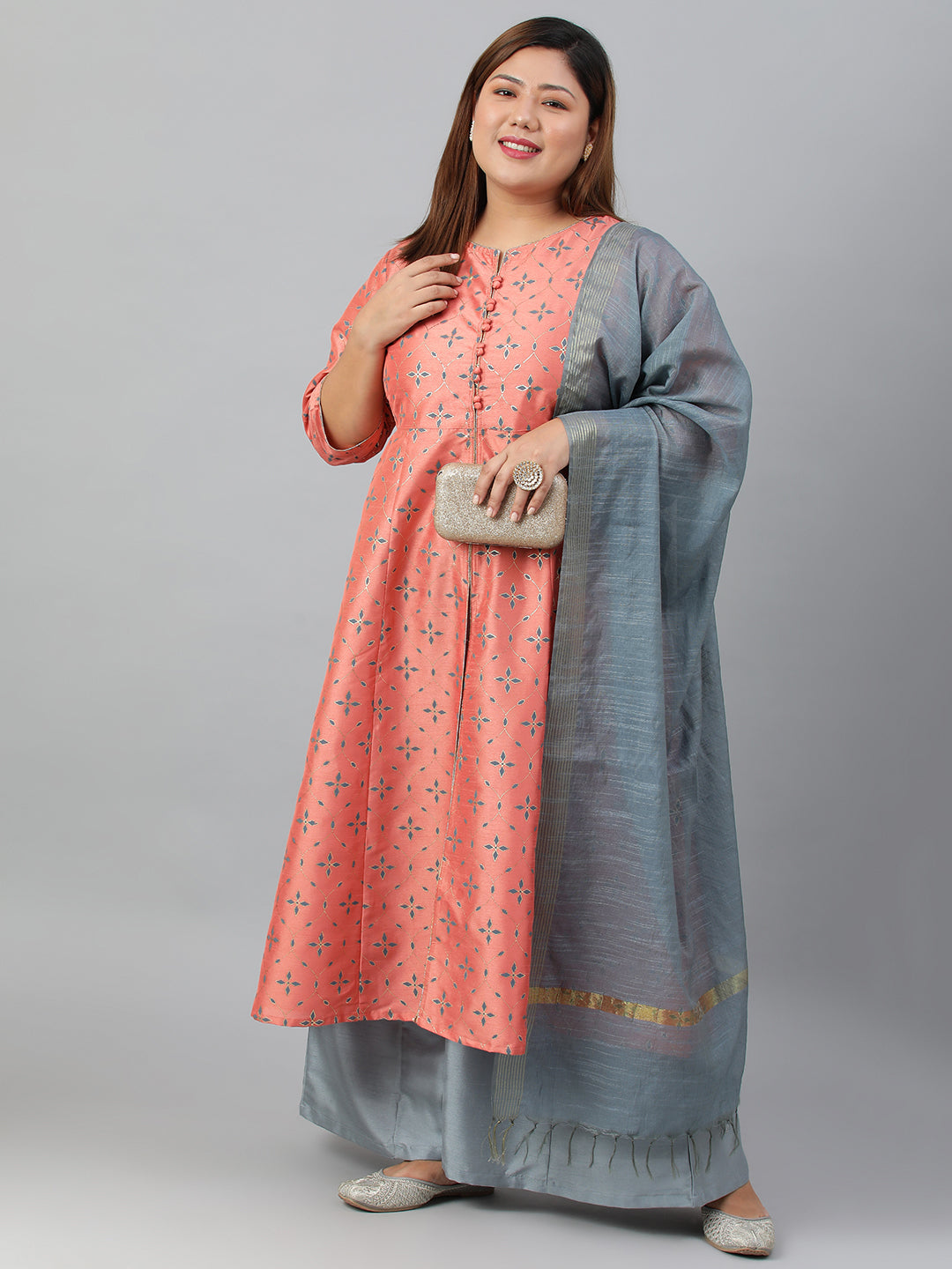 Janasya XL LOVE by Janasya Women's Plus Size Peach Poly Silk Kurta With Palazzo and Dupatta