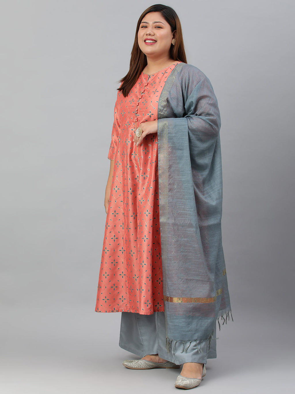 Janasya XL LOVE by Janasya Women's Plus Size Peach Poly Silk Kurta With Palazzo and Dupatta