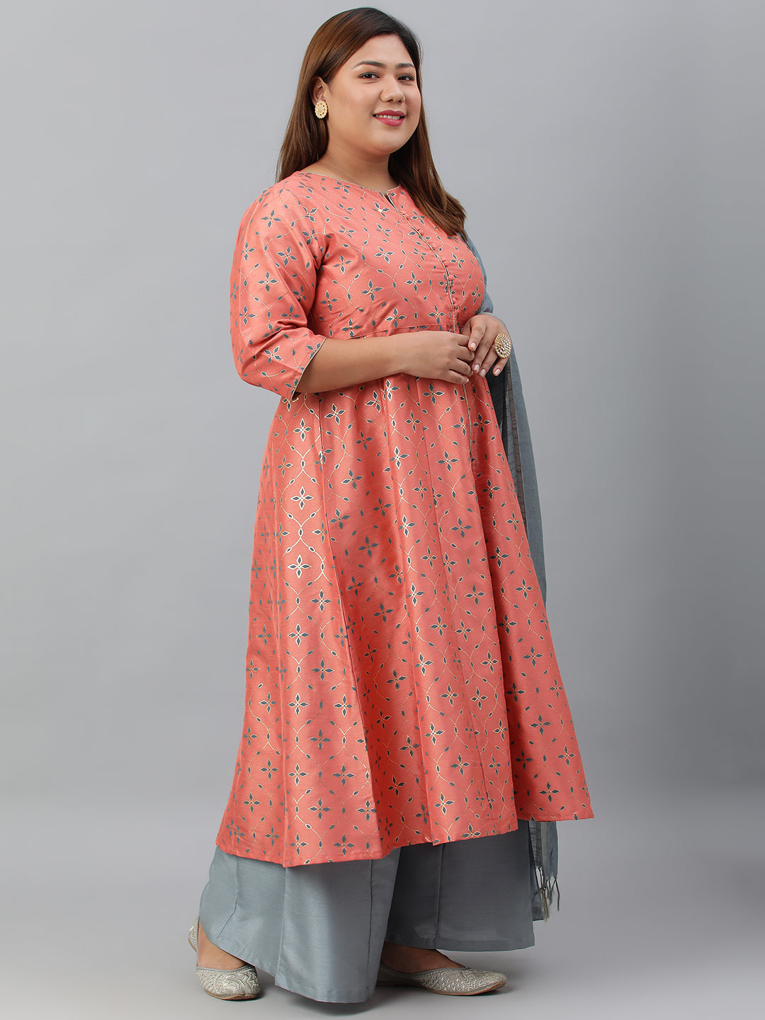Janasya XL LOVE by Janasya Women's Plus Size Peach Poly Silk Kurta With Palazzo and Dupatta