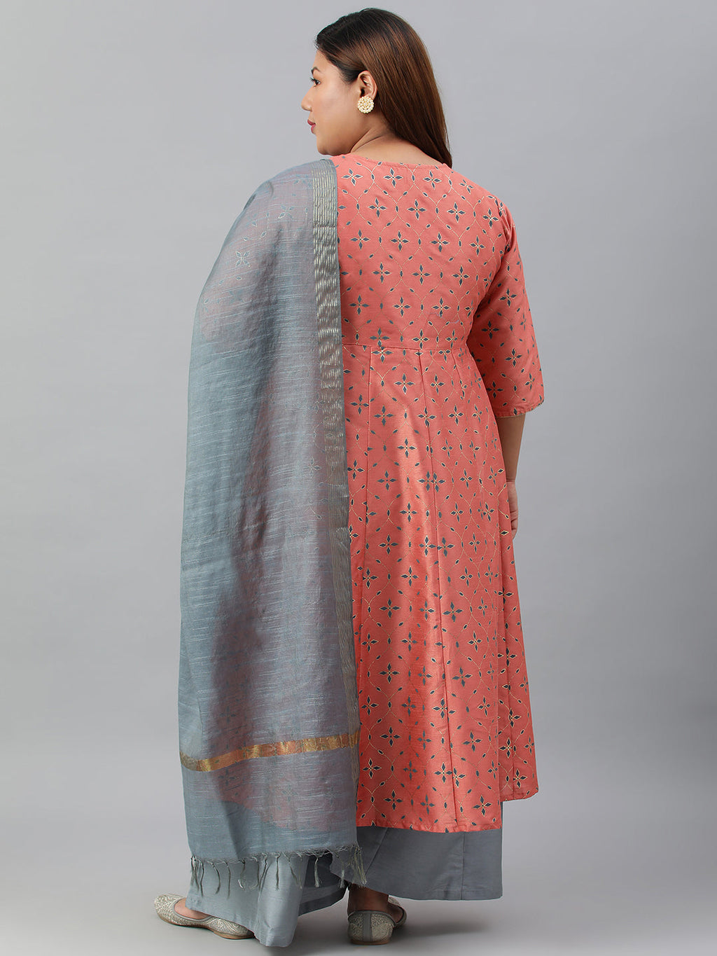 Janasya XL LOVE by Janasya Women's Plus Size Peach Poly Silk Kurta With Palazzo and Dupatta