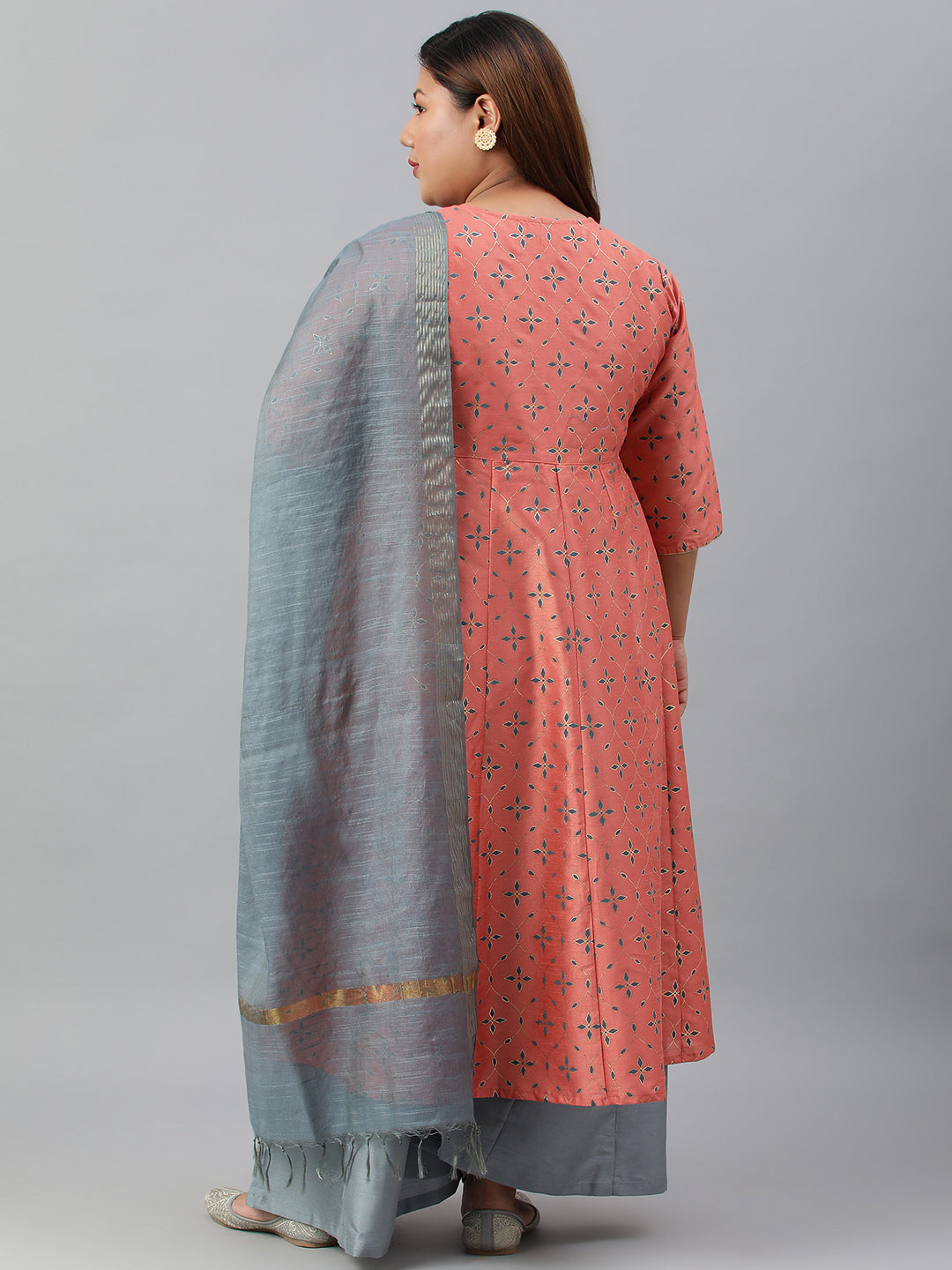 Janasya XL LOVE by Janasya Women's Plus Size Peach Poly Silk Kurta With Palazzo and Dupatta