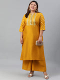 Janasya Women's Mustard Poly Silk Straight Party Kurta Set