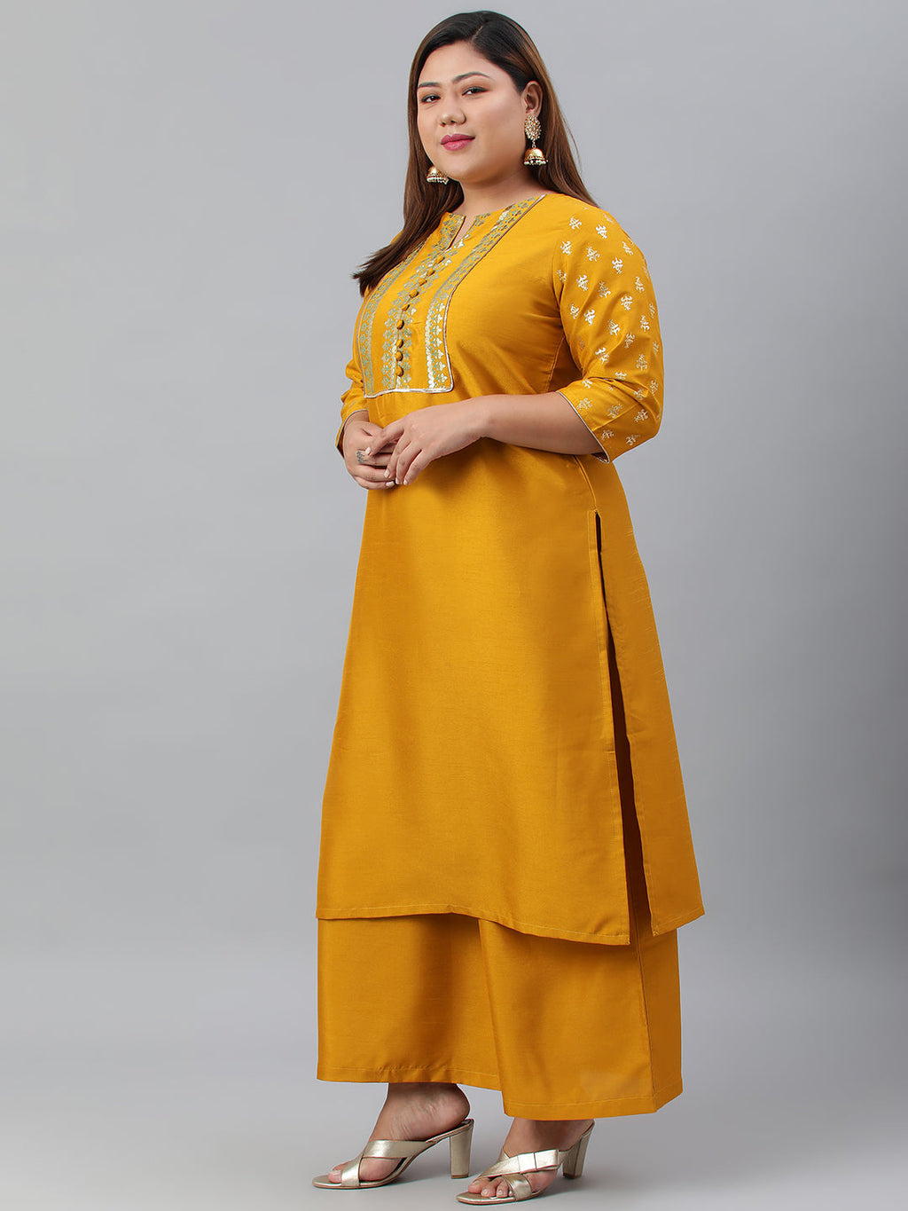 Janasya Women's Mustard Poly Silk Straight Party Kurta Set