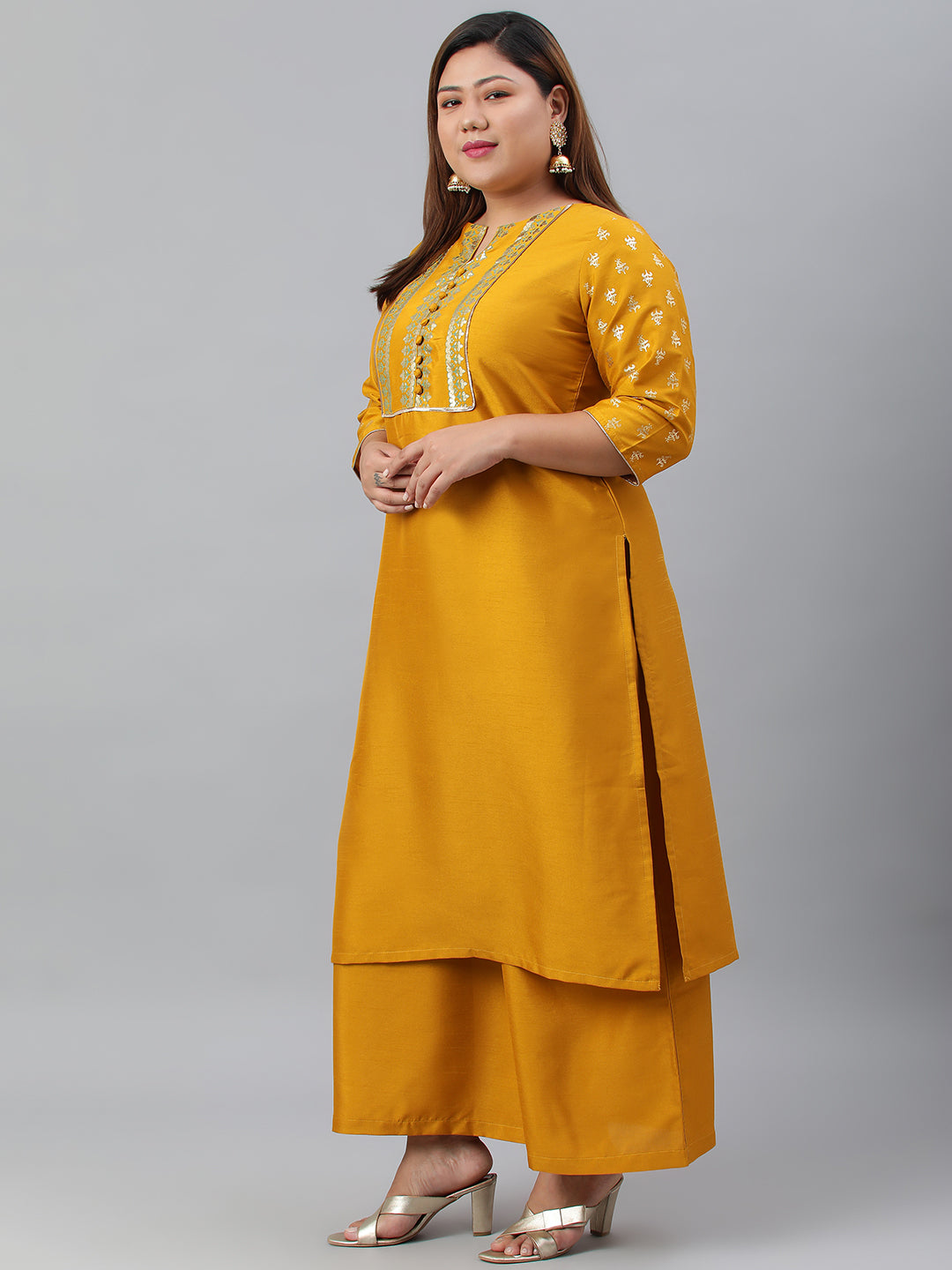 Janasya Women's Mustard Poly Silk Straight Party Kurta Set