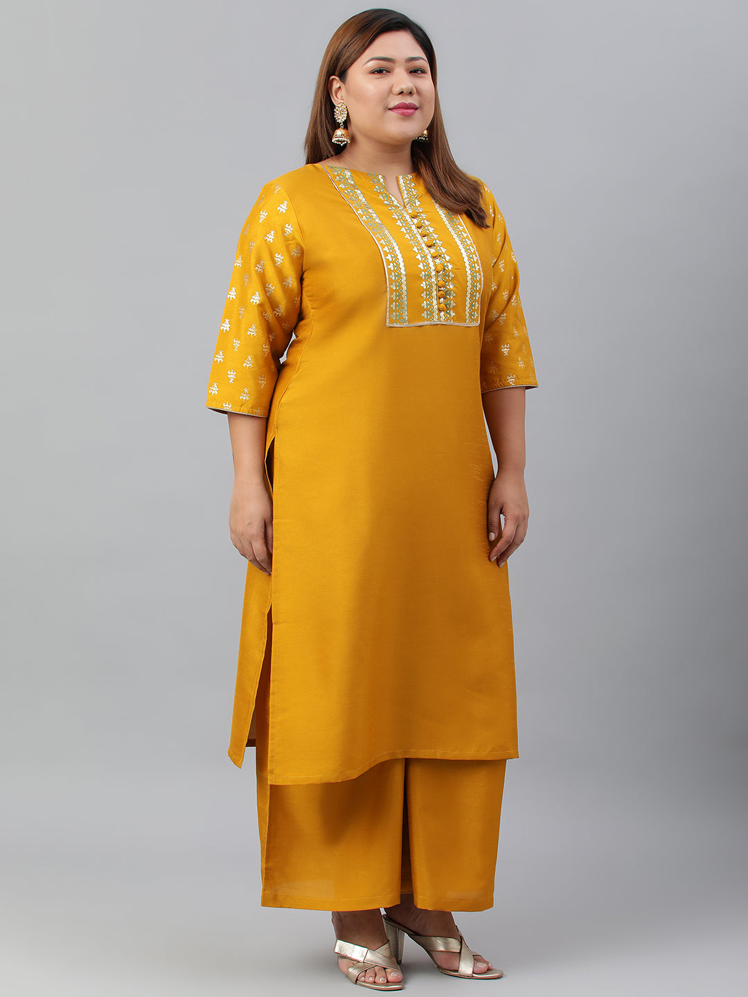 Janasya Women's Mustard Poly Silk Straight Party Kurta Set