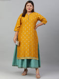 Janasya Women's Mustard Poly Silk Foil Print A-line Dress