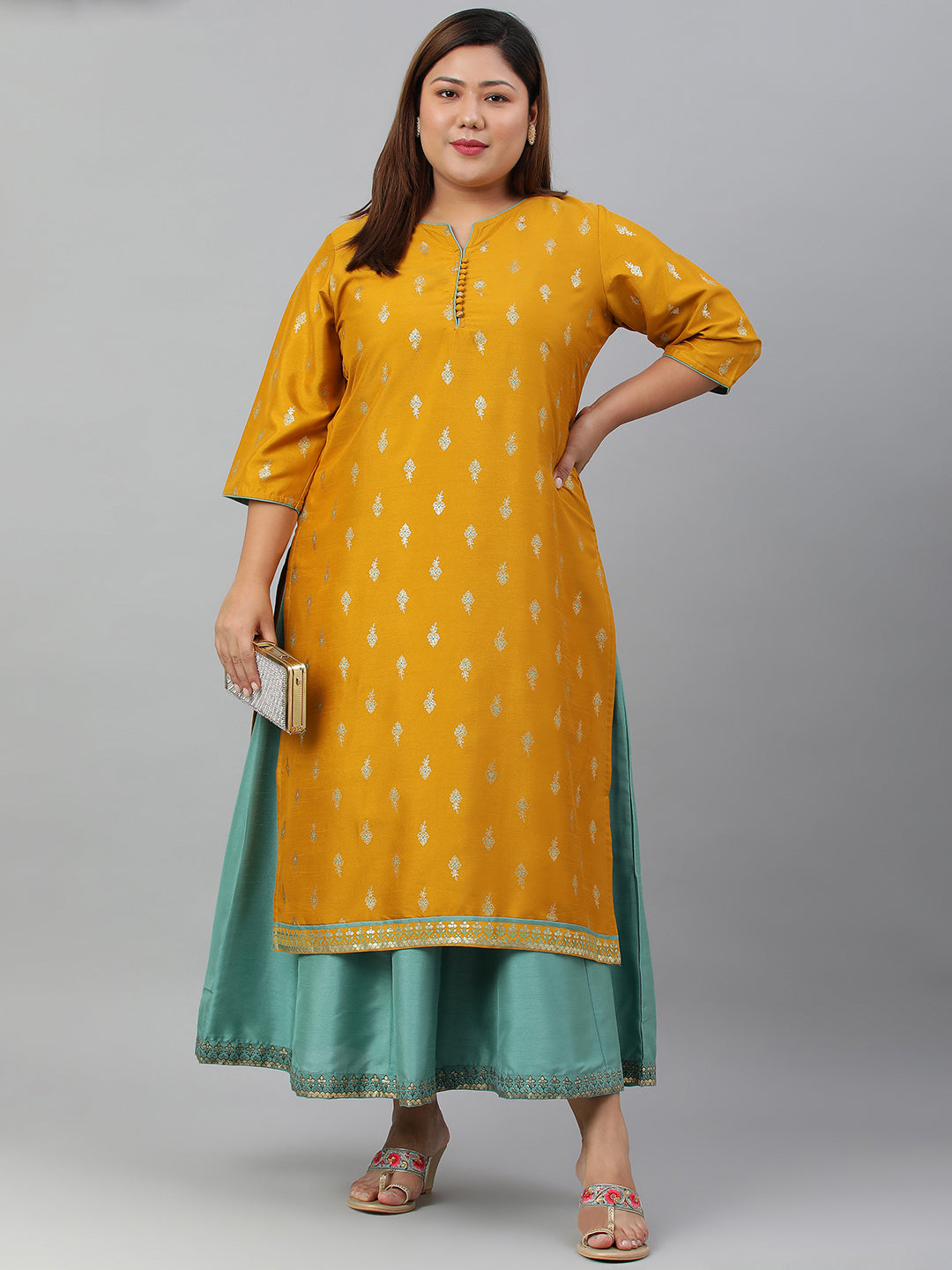 Janasya Women's Mustard Poly Silk Foil Print A-line Dress