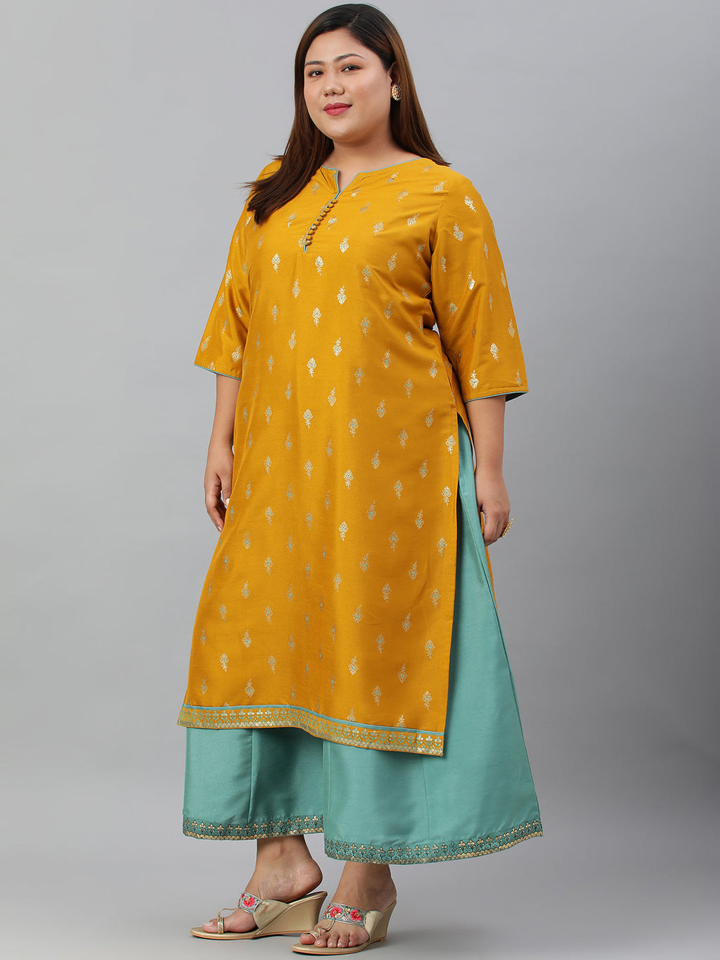 Janasya Women's Mustard Poly Silk Foil Print A-line Dress