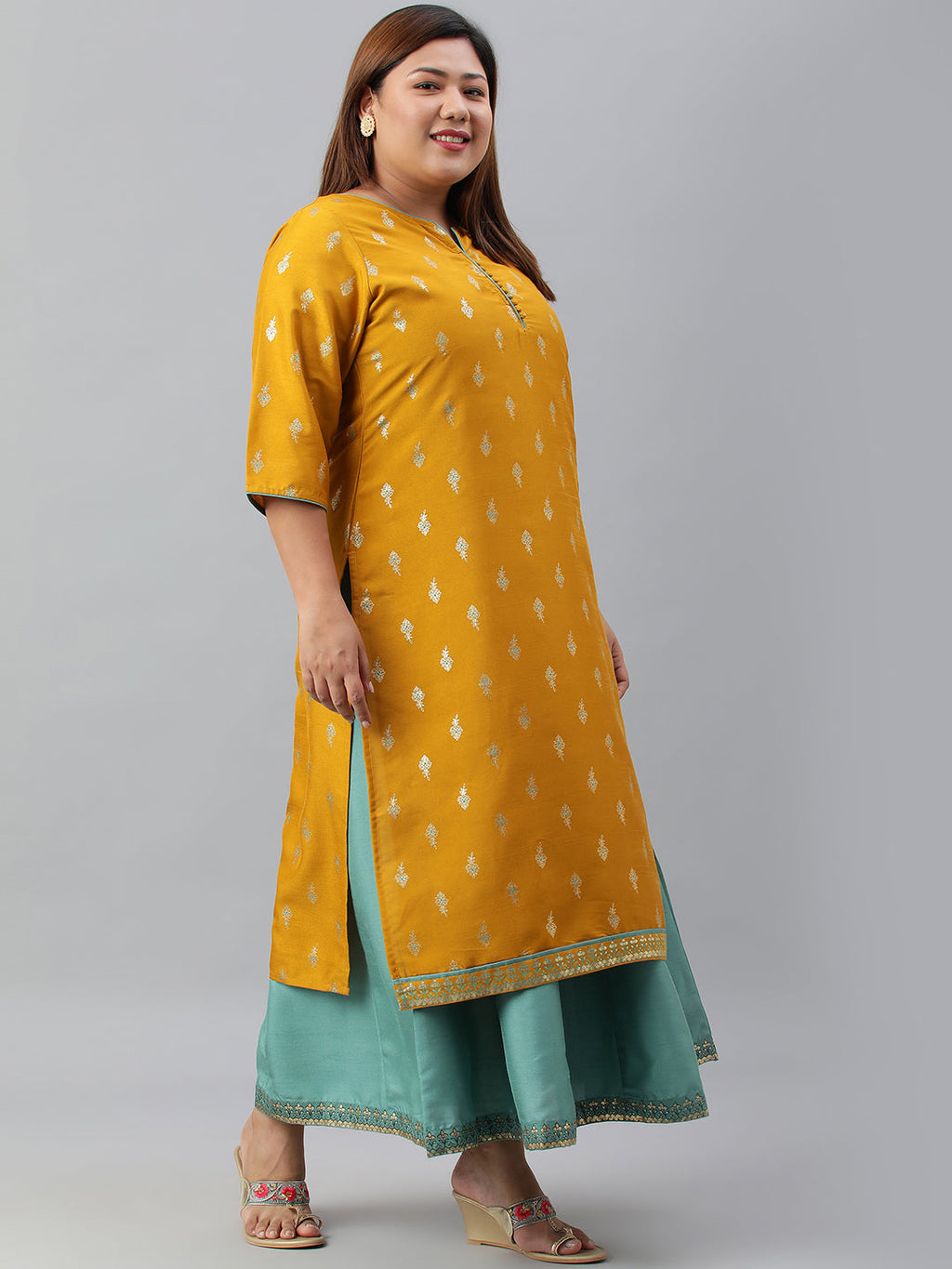 Janasya Women's Mustard Poly Silk Foil Print A-line Dress