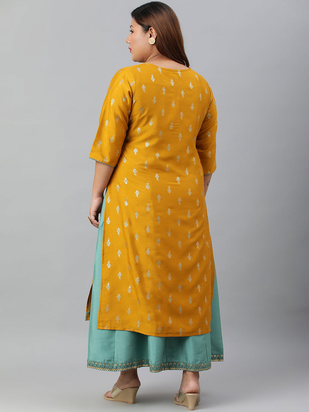 Janasya Women's Mustard Poly Silk Foil Print A-line Dress