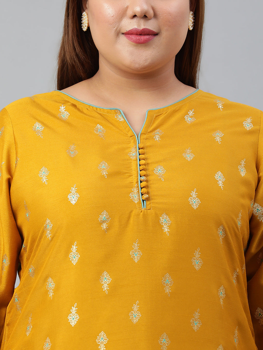 Janasya Women's Mustard Poly Silk Foil Print A-line Dress