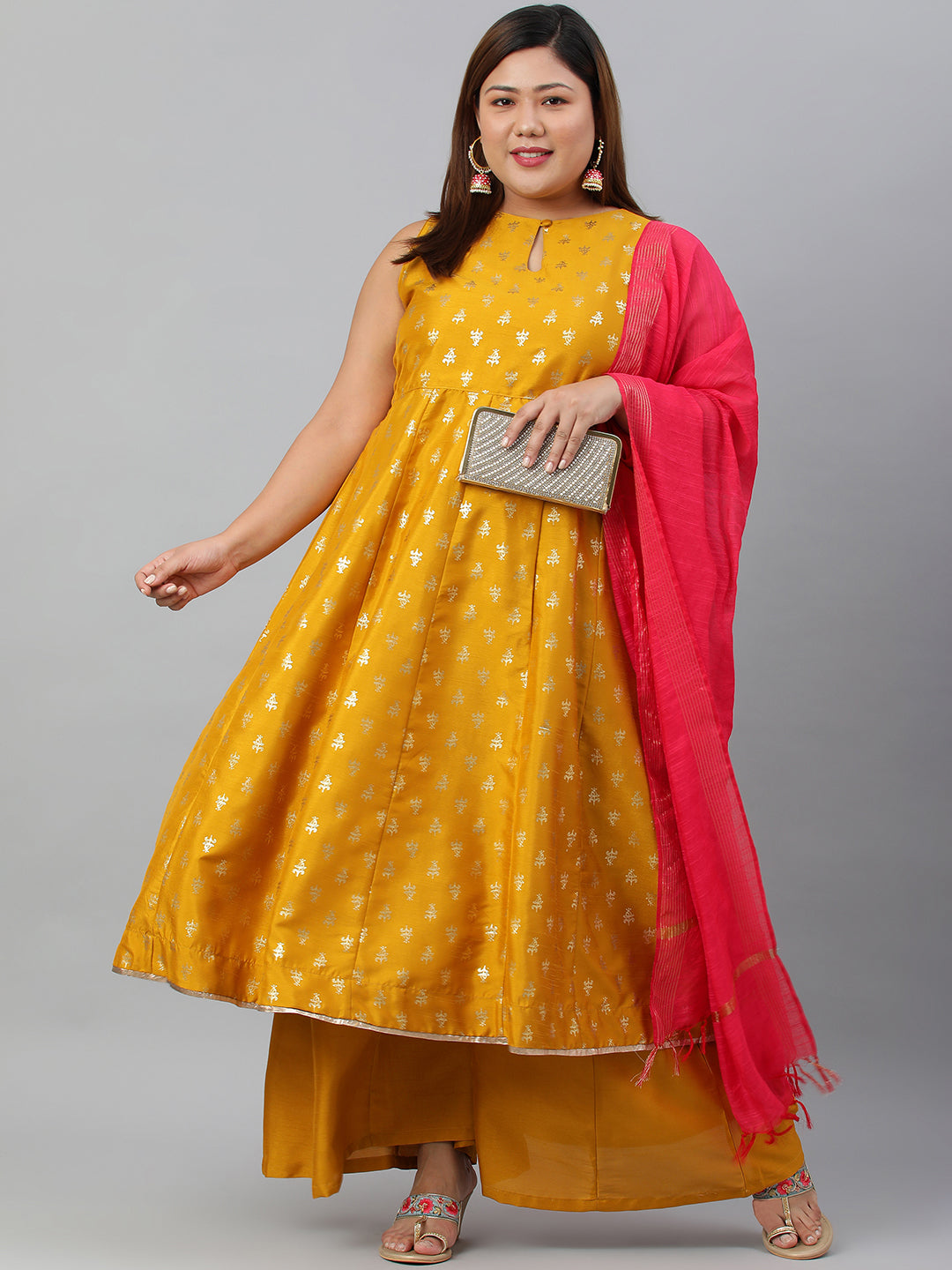 Janasya XL LOVE by Janasya Women's Plus Size Mustard Poly Silk Kurti With Palazzo and Dupatta