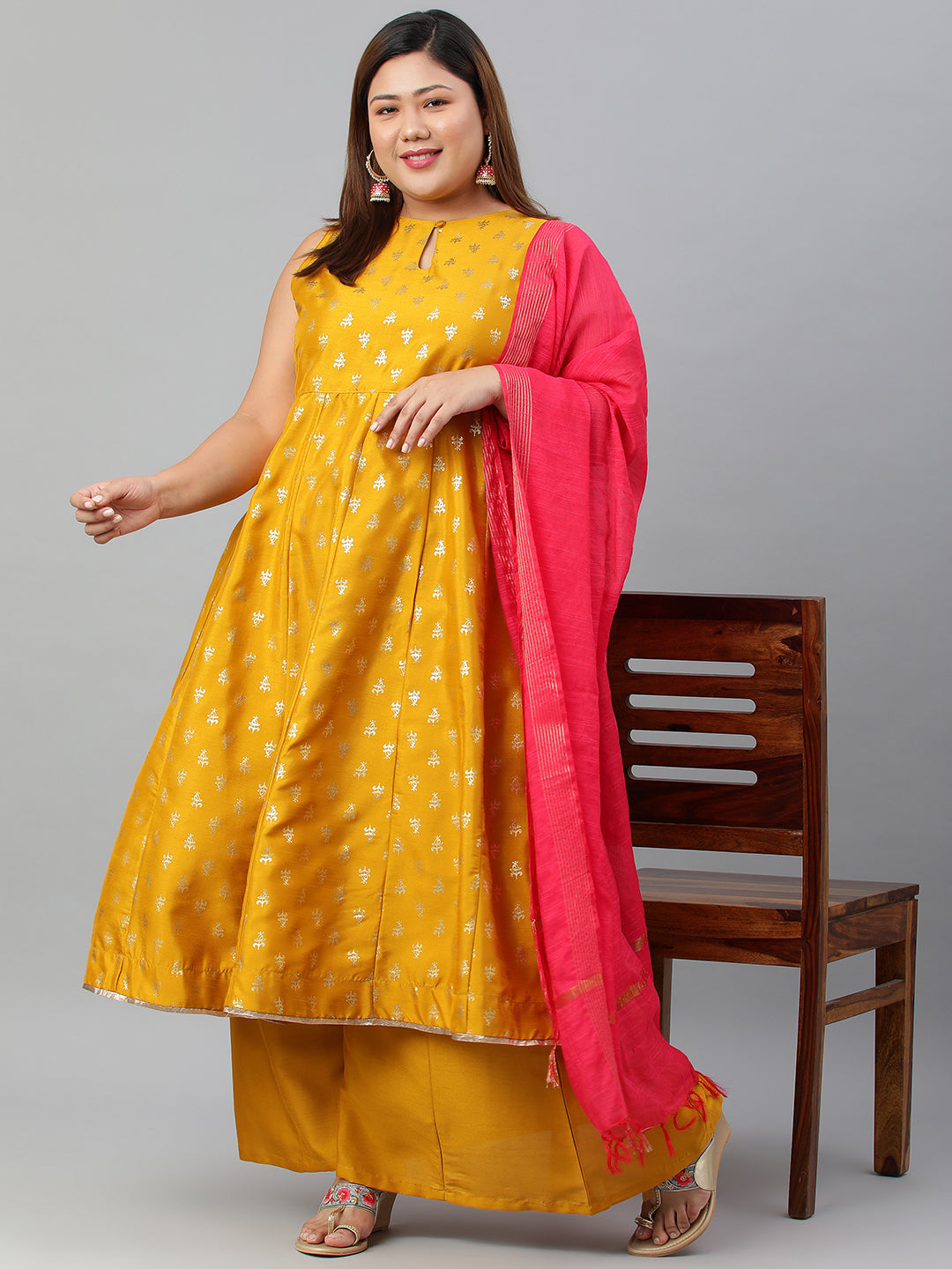 Janasya XL LOVE by Janasya Women's Plus Size Mustard Poly Silk Kurti With Palazzo and Dupatta