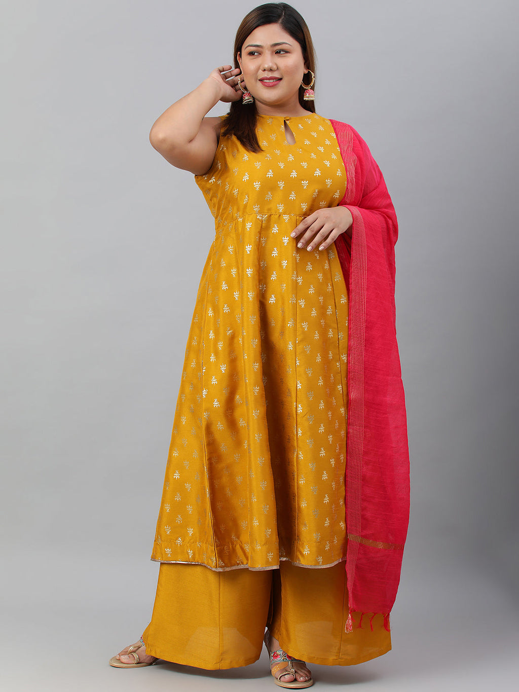 Janasya XL LOVE by Janasya Women's Plus Size Mustard Poly Silk Kurti With Palazzo and Dupatta