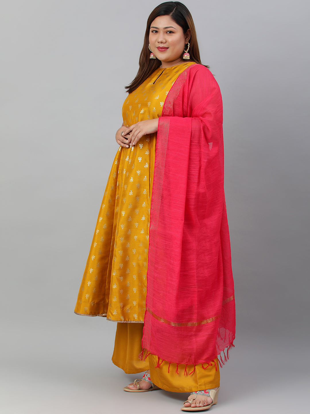 Janasya XL LOVE by Janasya Women's Plus Size Mustard Poly Silk Kurti With Palazzo and Dupatta