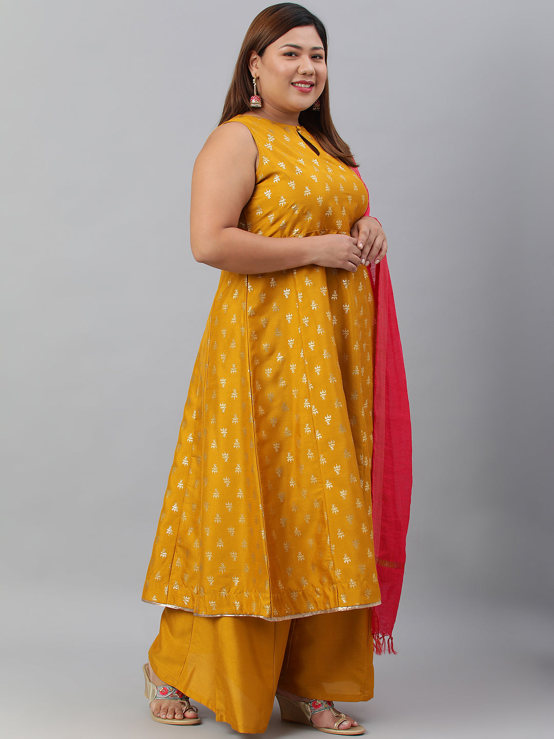 Janasya XL LOVE by Janasya Women's Plus Size Mustard Poly Silk Kurti With Palazzo and Dupatta
