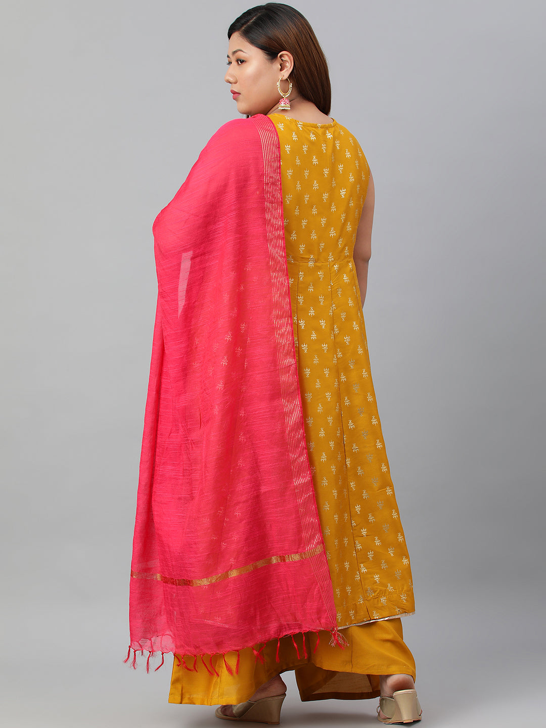 Janasya XL LOVE by Janasya Women's Plus Size Mustard Poly Silk Kurti With Palazzo and Dupatta
