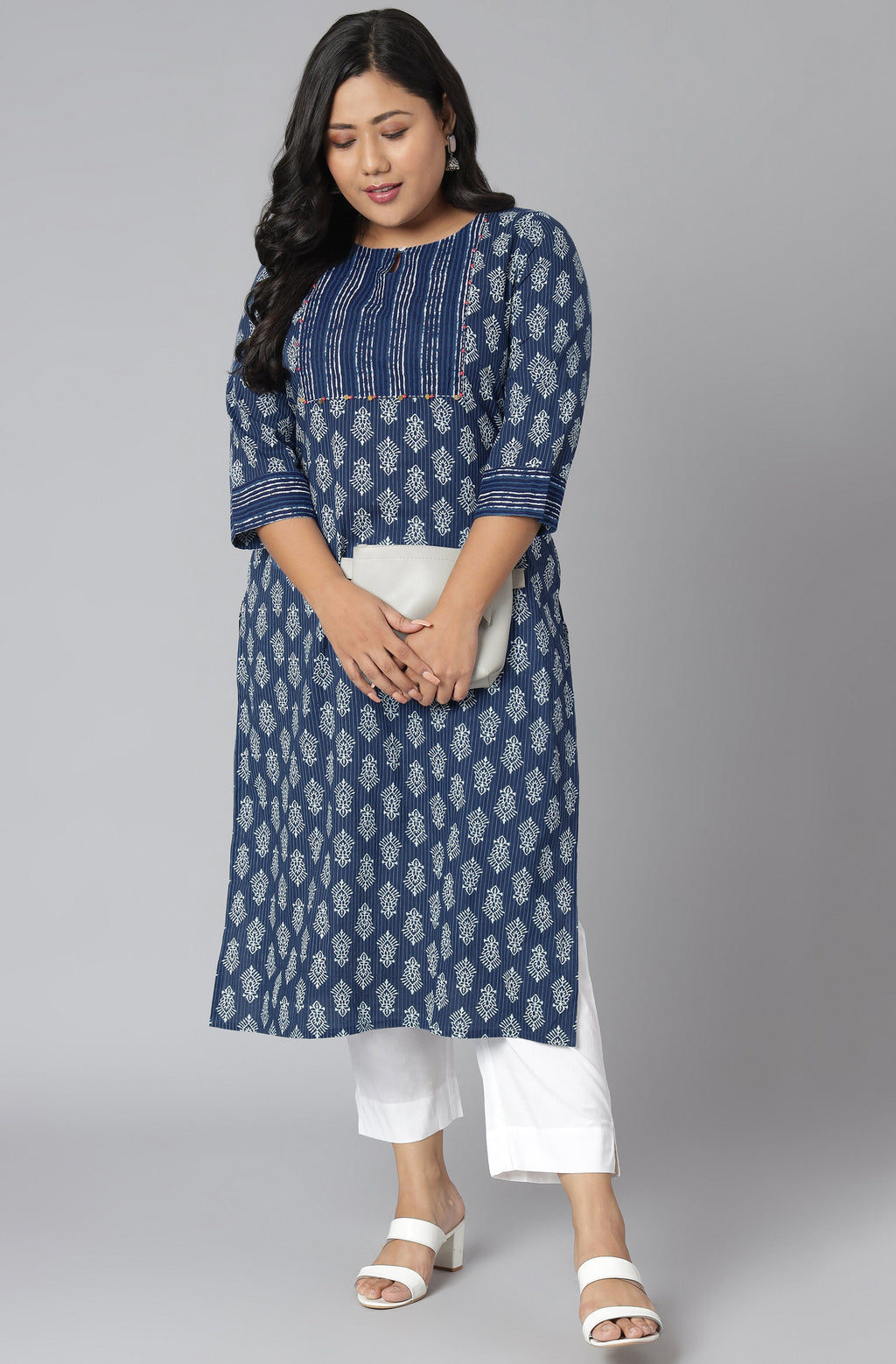 Janasya Women's Blue Cotton Block Print Casual Straight Kurta