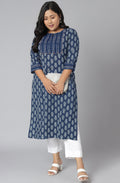 Janasya Women's Blue Cotton Block Print Casual Straight Kurta