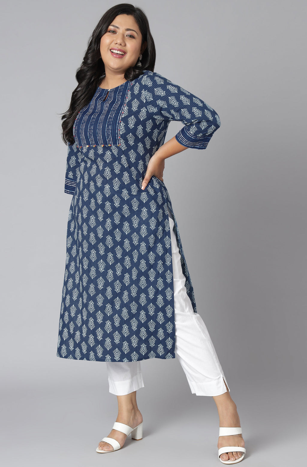 Janasya Women's Blue Cotton Block Print Casual Straight Kurta
