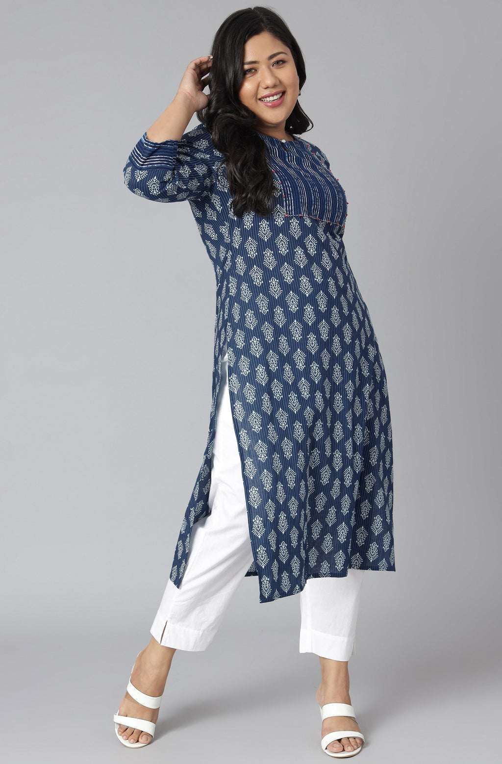 Janasya Women's Blue Cotton Block Print Casual Straight Kurta