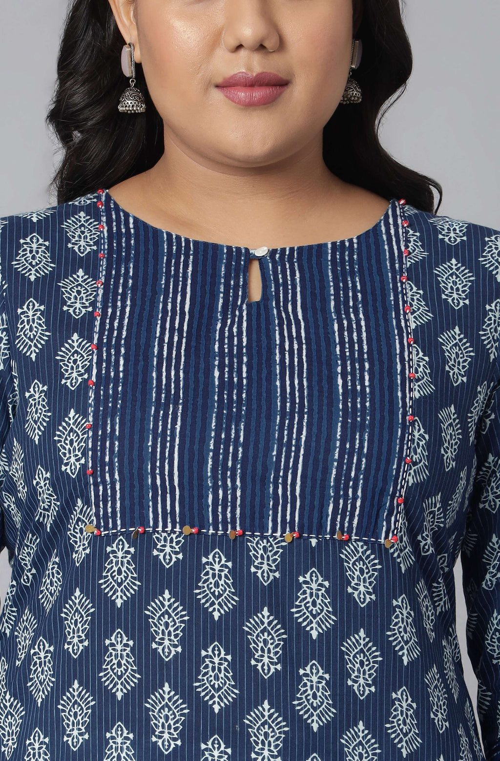 Janasya Women's Blue Cotton Block Print Casual Straight Kurta