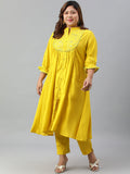 Janasya XL LOVE by Janasya Women's Plus Size Yellow Poly Silk Kurta With Pant