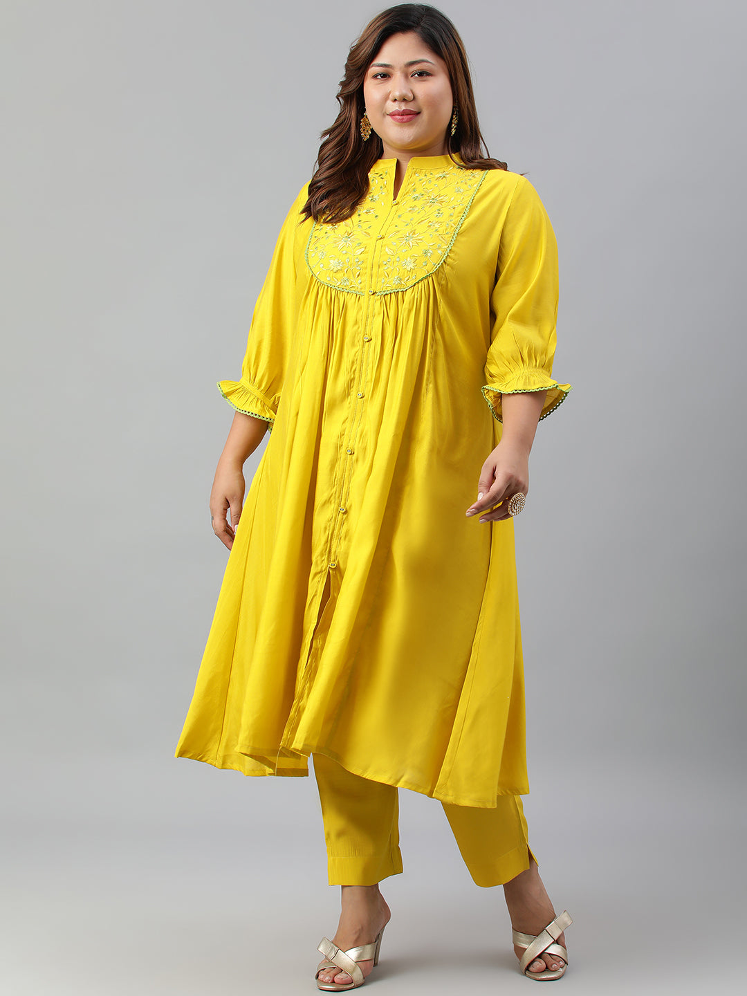 Janasya XL LOVE by Janasya Women's Plus Size Yellow Poly Silk Kurta With Pant