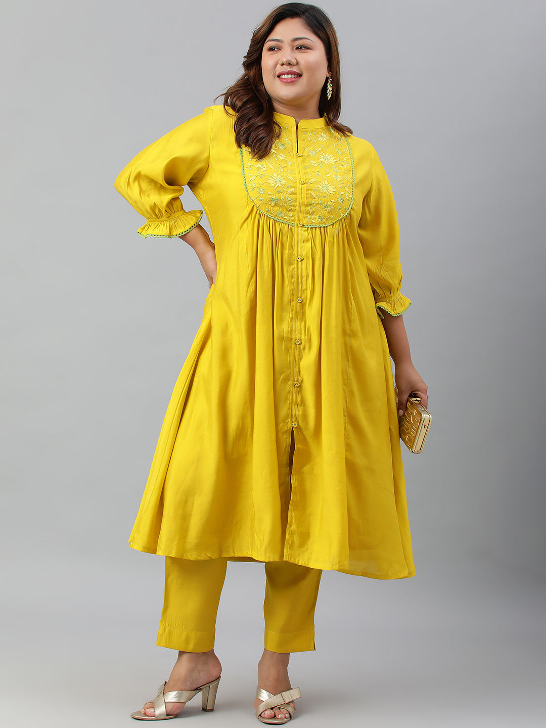 Janasya XL LOVE by Janasya Women's Plus Size Yellow Poly Silk Kurta With Pant