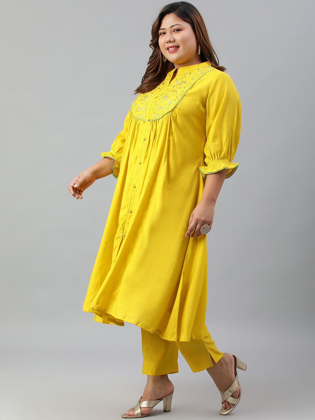 Janasya XL LOVE by Janasya Women's Plus Size Yellow Poly Silk Kurta With Pant