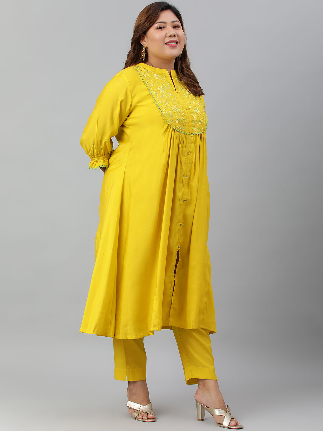 Janasya XL LOVE by Janasya Women's Plus Size Yellow Poly Silk Kurta With Pant