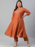Janasya XL LOVE by Janasya Women's Plus Size Rust Orange Poly Silk Kurta With Pant